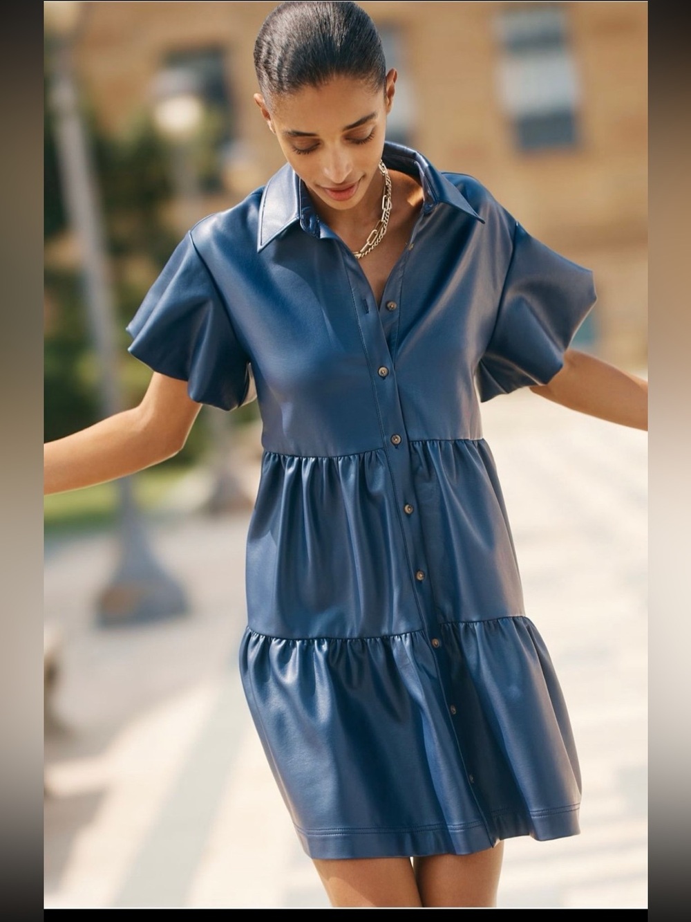 NWT Anthropologie size XS Bettina faux leather shirt dress in blue